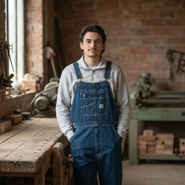 Homme en salopette Carhartt Denim et sweat gris dans un atelier